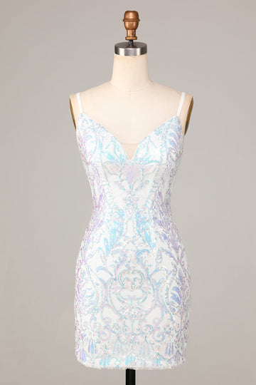 Exquisite Outlook Sheath Spaghetti Straps White Sequins Short Ball Dress